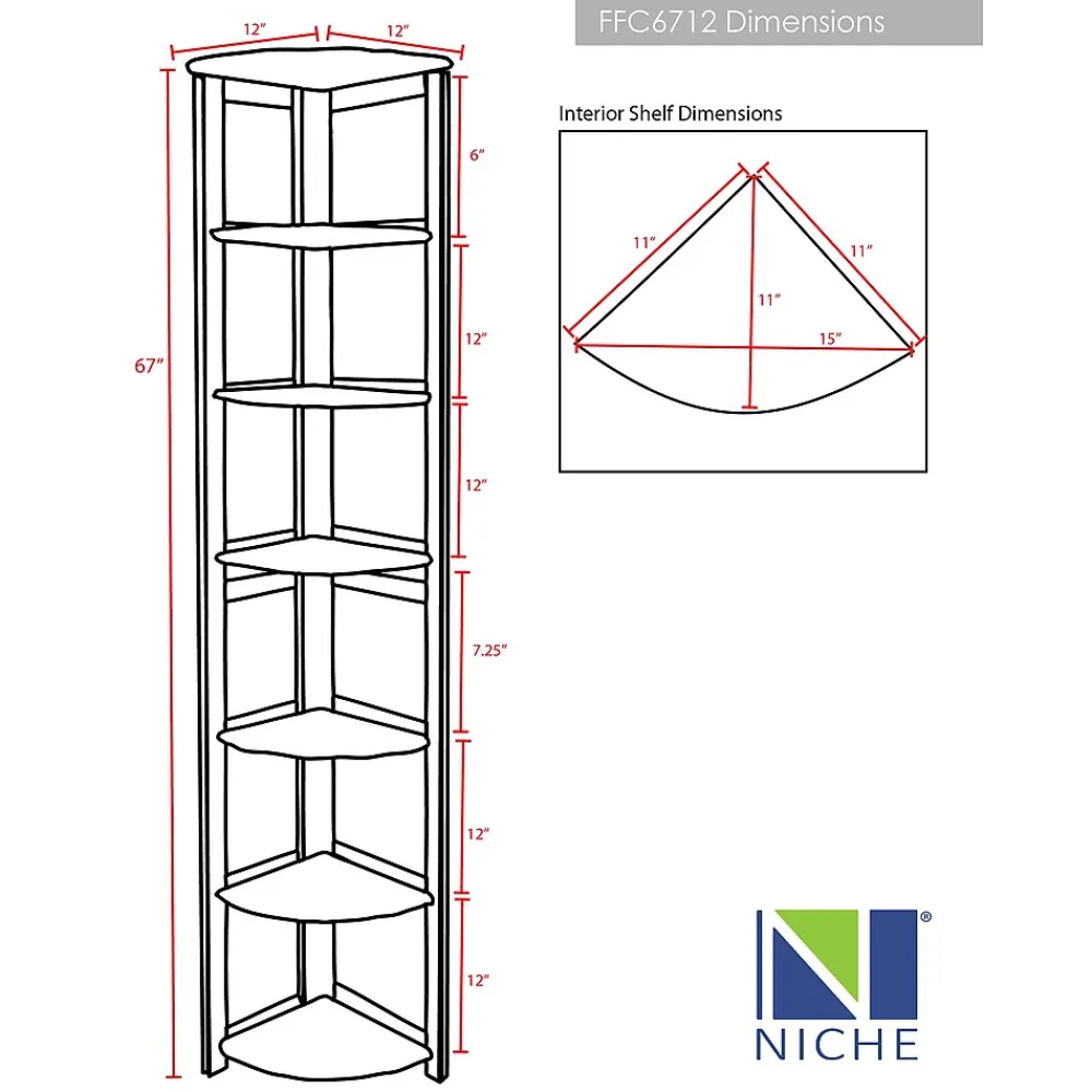 Bookcases*Niche Flip Flop 5 Shelf 67"H Corner Folding Bookcase, Medium Oak (FFC6712MO)