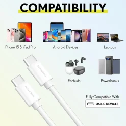 USBC Certified Charging Cables USB-C to USB-C Charging Cable, 6 ft., White, 3/Pack (MFIBLACK10FT)<Overtime Clearance