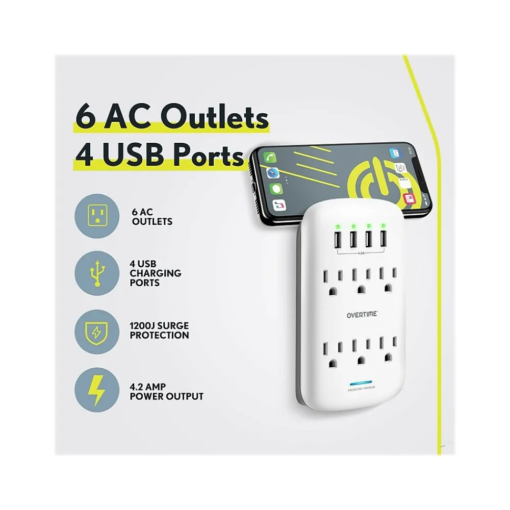 Overtime Wall Outlet Extender, 6 Outlets and 2 USB/2 USBC Ports, Surge Protector, White (OTWP6AC4USB42)