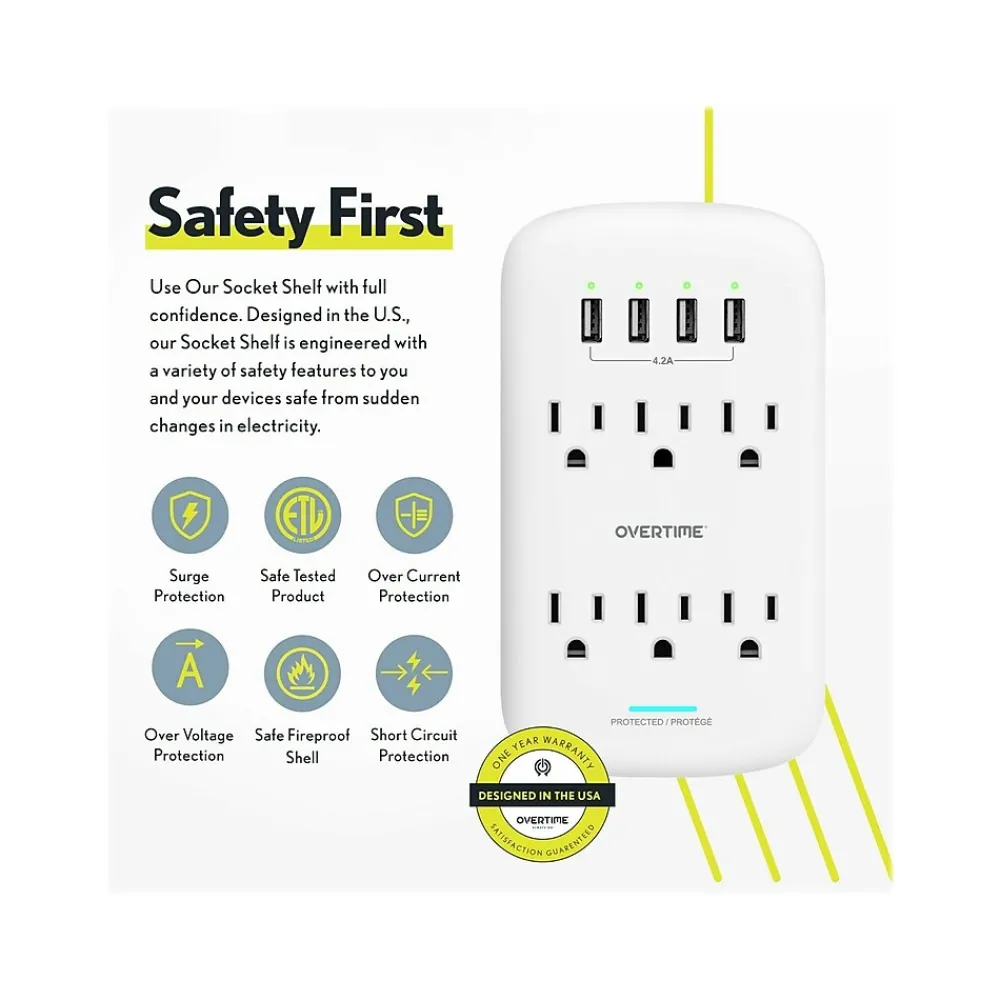 Overtime Wall Outlet Extender, 6 Outlets and 2 USB/2 USBC Ports, Surge Protector, White (OTWP6AC4USB42)