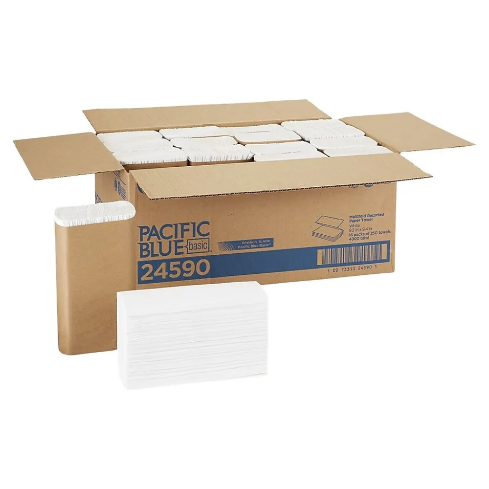 Pacific Blue Basic Recycled Multifold Paper Towel, 1-Ply, White, 250 Sheets/Pack, 16 Packs/Carton (24590)