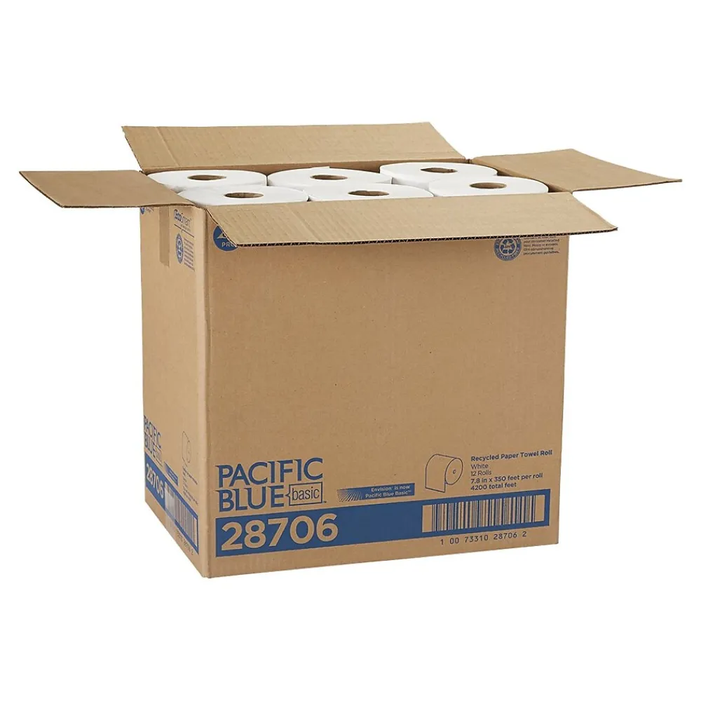 Pacific Blue Basic Recycled Hardwound Paper Towels, 1-ply, 350 ft./Roll, 12 Rolls/Carton (28706)