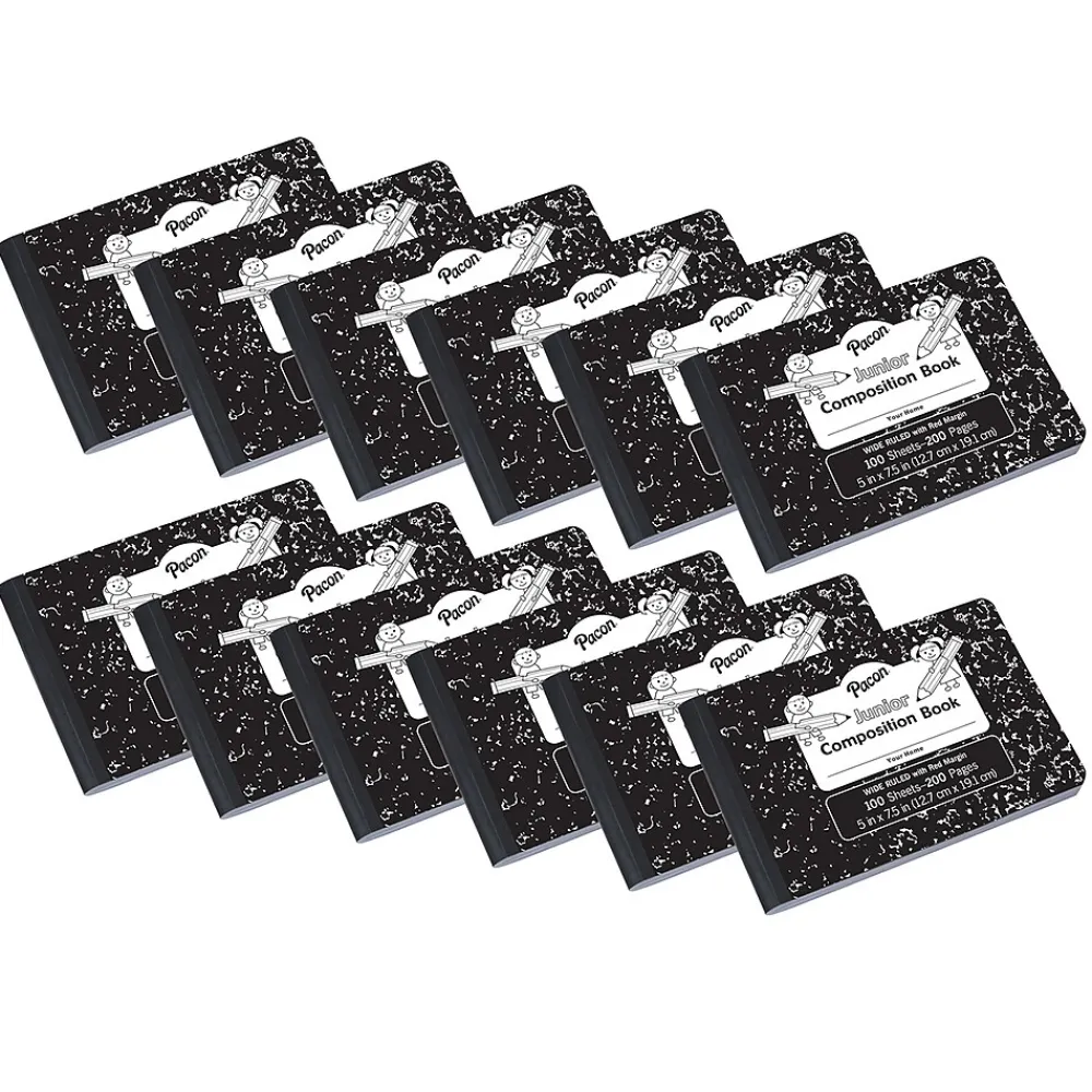 Composition Notebooks|Pacon Composition Notebooks, 5" x 7.5", Wide Ruled, 100 Sheets, Black, 12/Bundle (PACMMK37090-12)