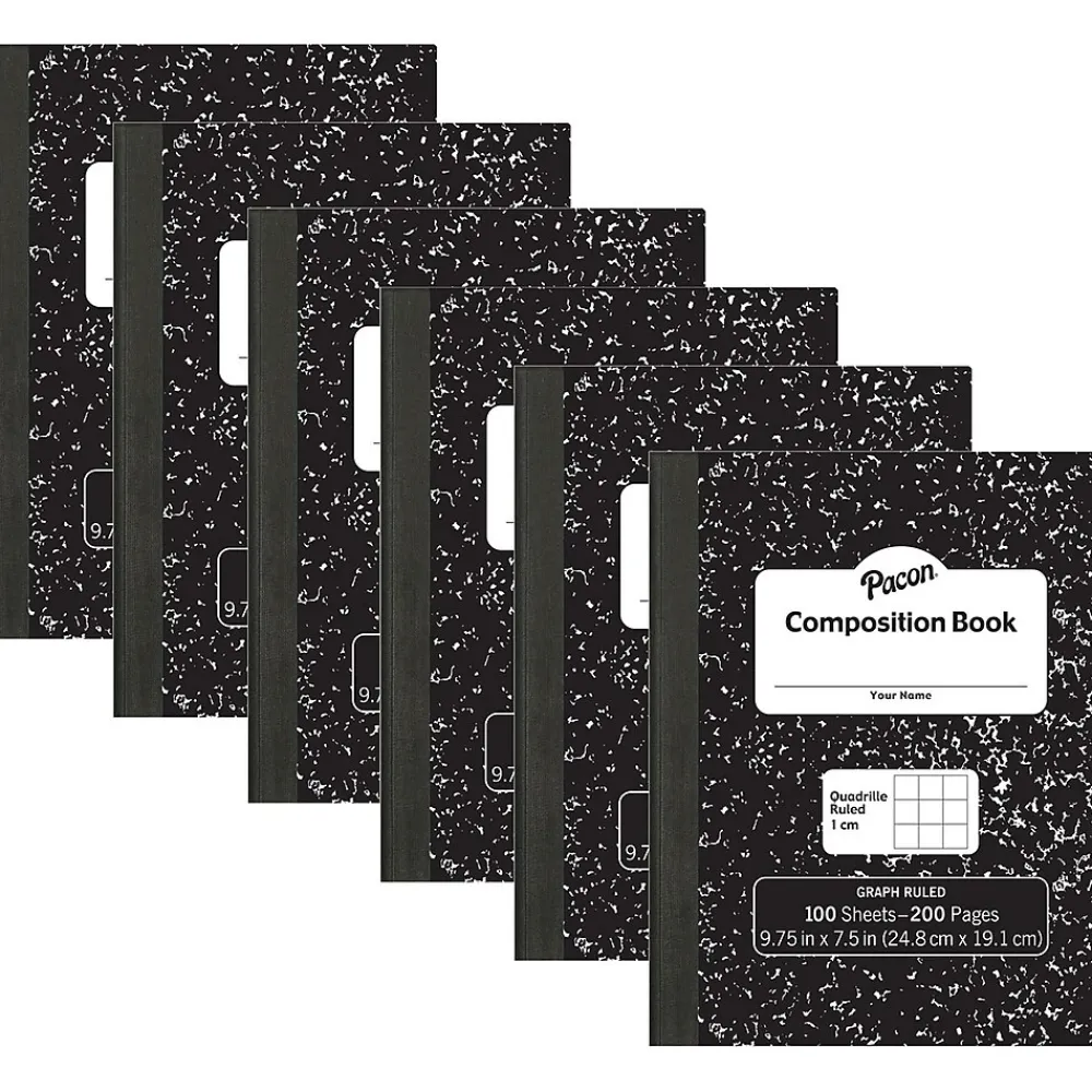 Composition Notebooks|Pacon Composition Notebooks, 9.75" x 7.5", Quad Ruled, 100 Sheets, Black, 6/Bundle (PACMMK37105-6)