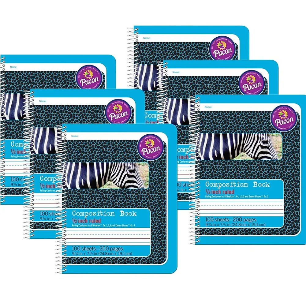 Composition Notebooks|Pacon Composition Notebooks, 9.75" x 7.5", Wide Ruled, 100 Sheets, Blue, 6/Bundle (PAC2429-6)