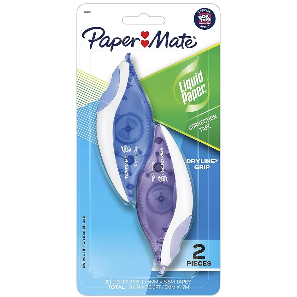 Correction & White-Out|Paper Mate Liquid Paper DryLine Grip Correction Tape, White, 2/Pack (87813)