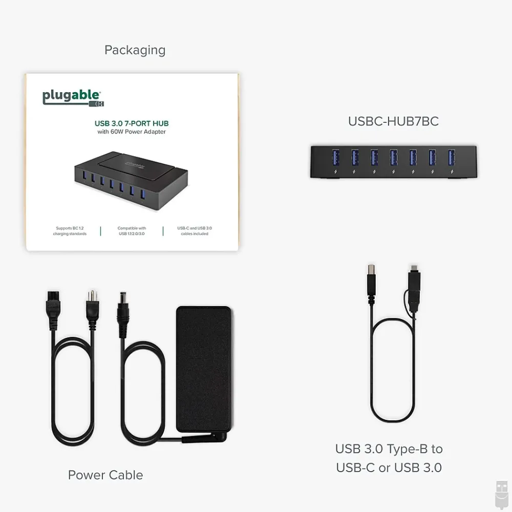 Plugable 7-in-1 Charging Hub with Data Transfer for USB-C or USB 3.0 Laptops