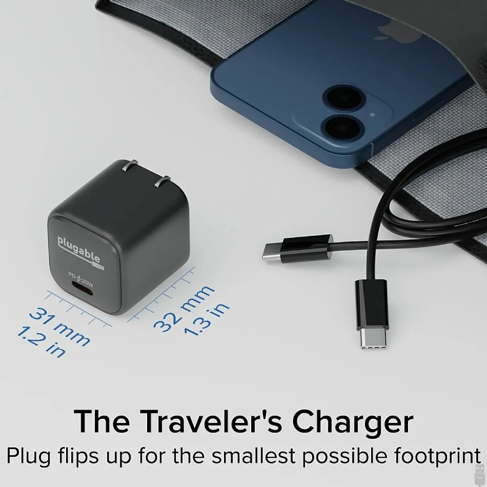30W GaN USB C Charger Block, Black (PS-30C1B)<Plugable Outlet
