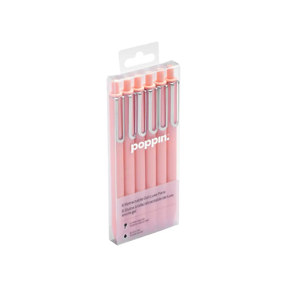 Pens|Poppin Luxe Retractable Gel Pen, Fine Point, Black Ink, 6/Pack (104448-US)