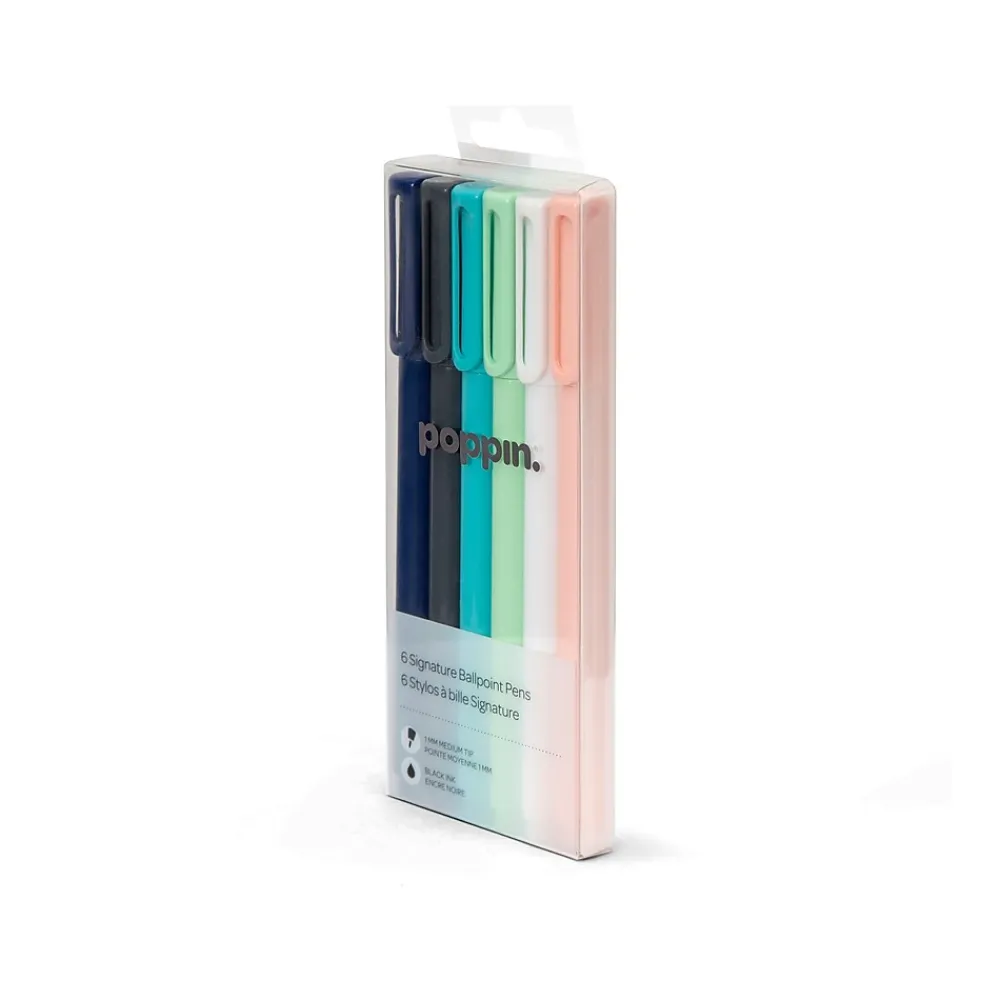 Pens|Poppin Signature Ballpoint Pens, Medium Point, Black Ink, 6/Pack (105066)