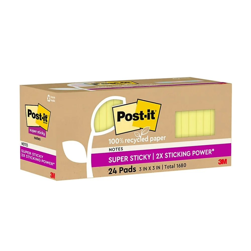 Post-It Notes*Post-it 100% Recycled Paper Super Sticky Notes, 3" x 3", Canary Collection, 70 Sheets/Pad, 24 Pads/Pack (654R-24SSCY-CP)