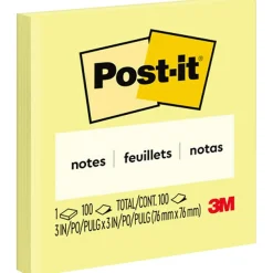 Post-It Notes*Post-it Notes, 3" x 3", Canary Collection, 100 Sheet/Pad (654 YW)