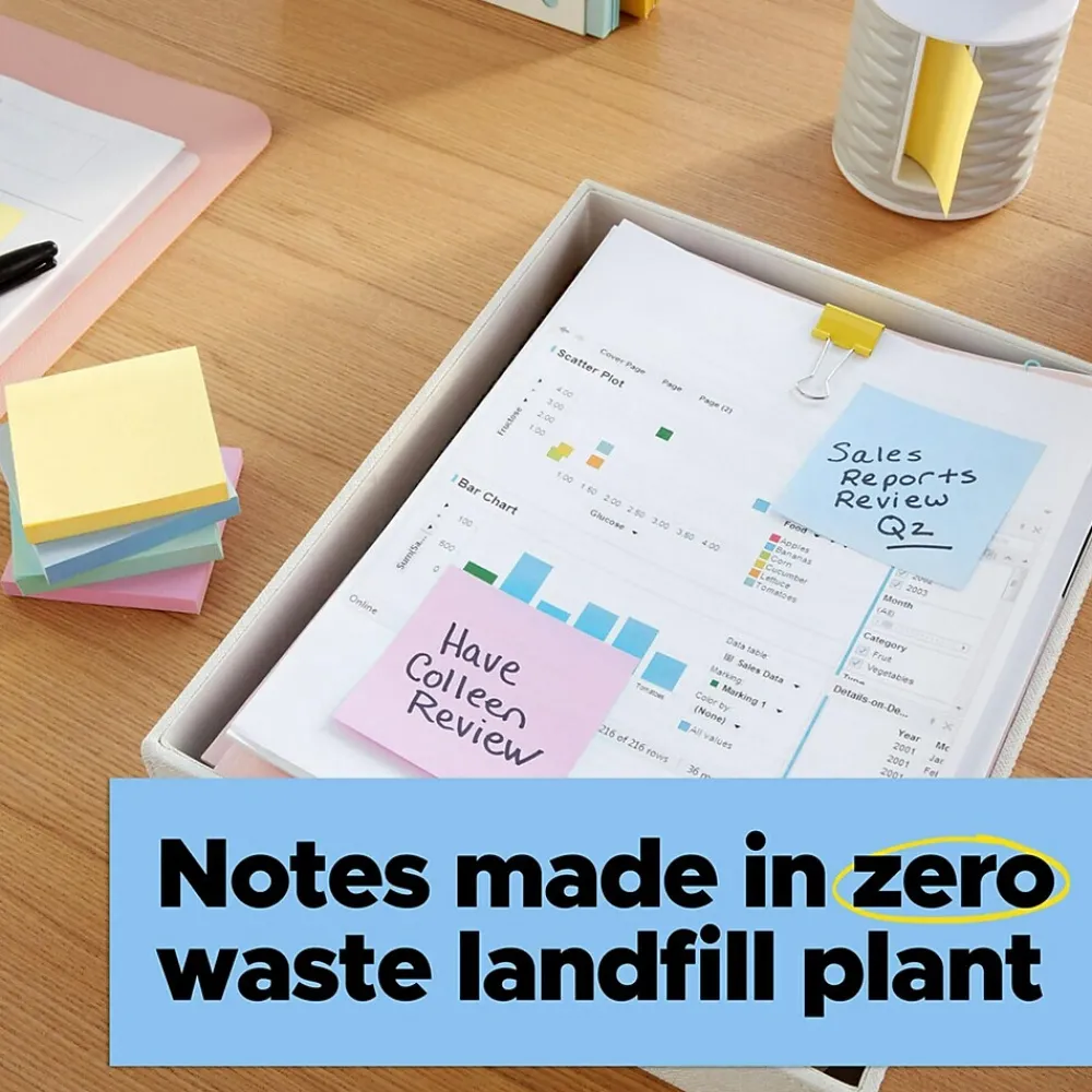 Post-It Notes*Post-it Recycled Super Sticky Notes, 3" x 3", Collection, 70 Sheet/Pad, 5 Pads/Pack (654R-5SSNRP) Wanderlust Pastels