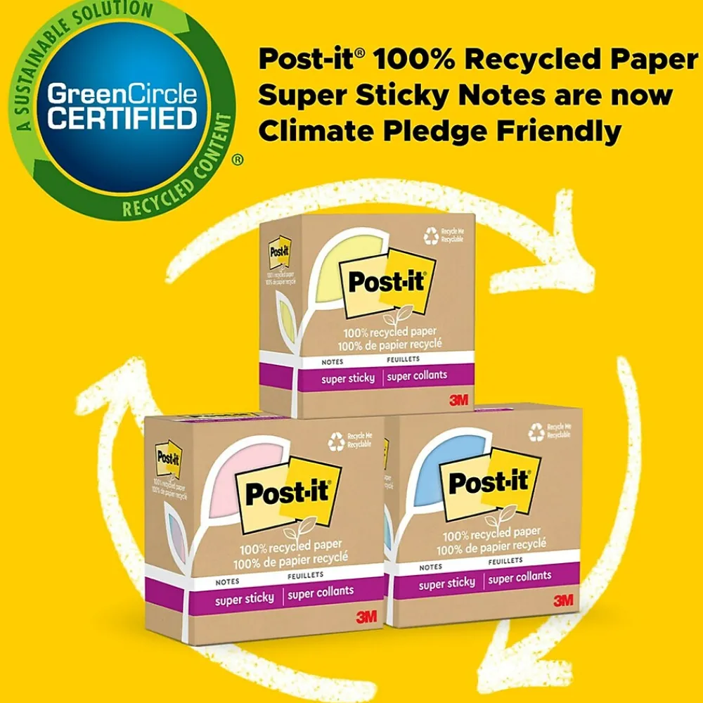 Post-It Notes*Post-it Recycled Super Sticky Notes, 3" x 3", Canary Collection, 70 Sheet/Pad, 12 Pads/Pack (654R-12SSCY)