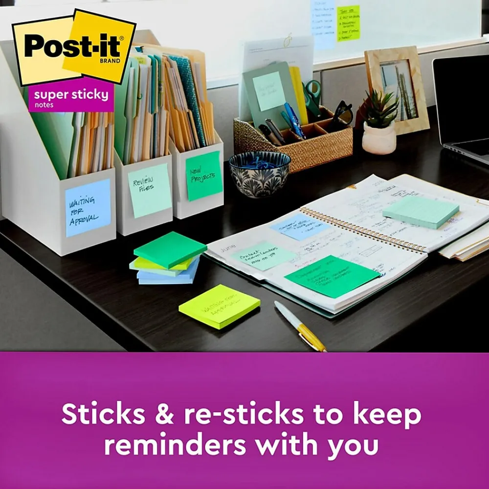 Post-It Notes*Post-it Recycled Super Sticky Notes, 3" x 3", Collection, 90 Sheet/Pad, 5 Pads/Pack (654-5SST) Oasis