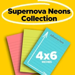 Post-It Notes*Post-it Super Sticky Notes, 4" x 6", Supernova Neons Collection, Lined, 90 Sheet/Pad, 3 Pads/Pack (660-3SSMIA)