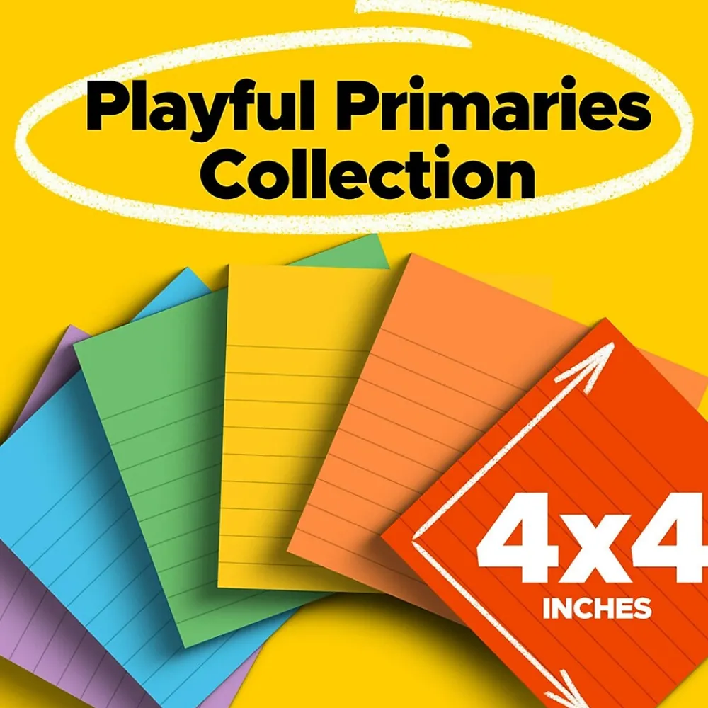 Post-It Notes*Post-it Super Sticky Notes, 4" x 4", Playful Primaries Collection, Lined, 90 Sheet/Pad, 6 Pads/Pack (6756SSAN)