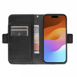 SaharaCase Genuine Leather Wallet Case, Tempered Glass Screen, Camera Protector for iPhone 15 Pro Max, Black (CP480ZD128ZD131)