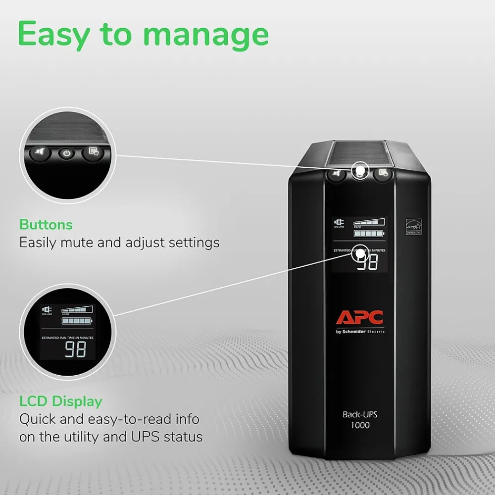 Schneider Electric Back-UPS Pro Compact Tower LCD Battery Backup & Surge Protector with USB, 8-Outlets (BX1000M)