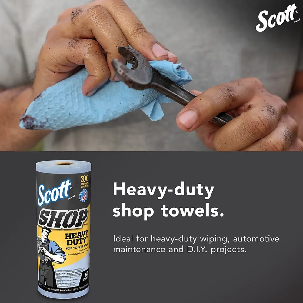 Shop Towels Heavy Duty, 10.4" x 11", Blue, 60 Sheets/Roll, 12 Rolls/Carton (32992)<Scott Discount