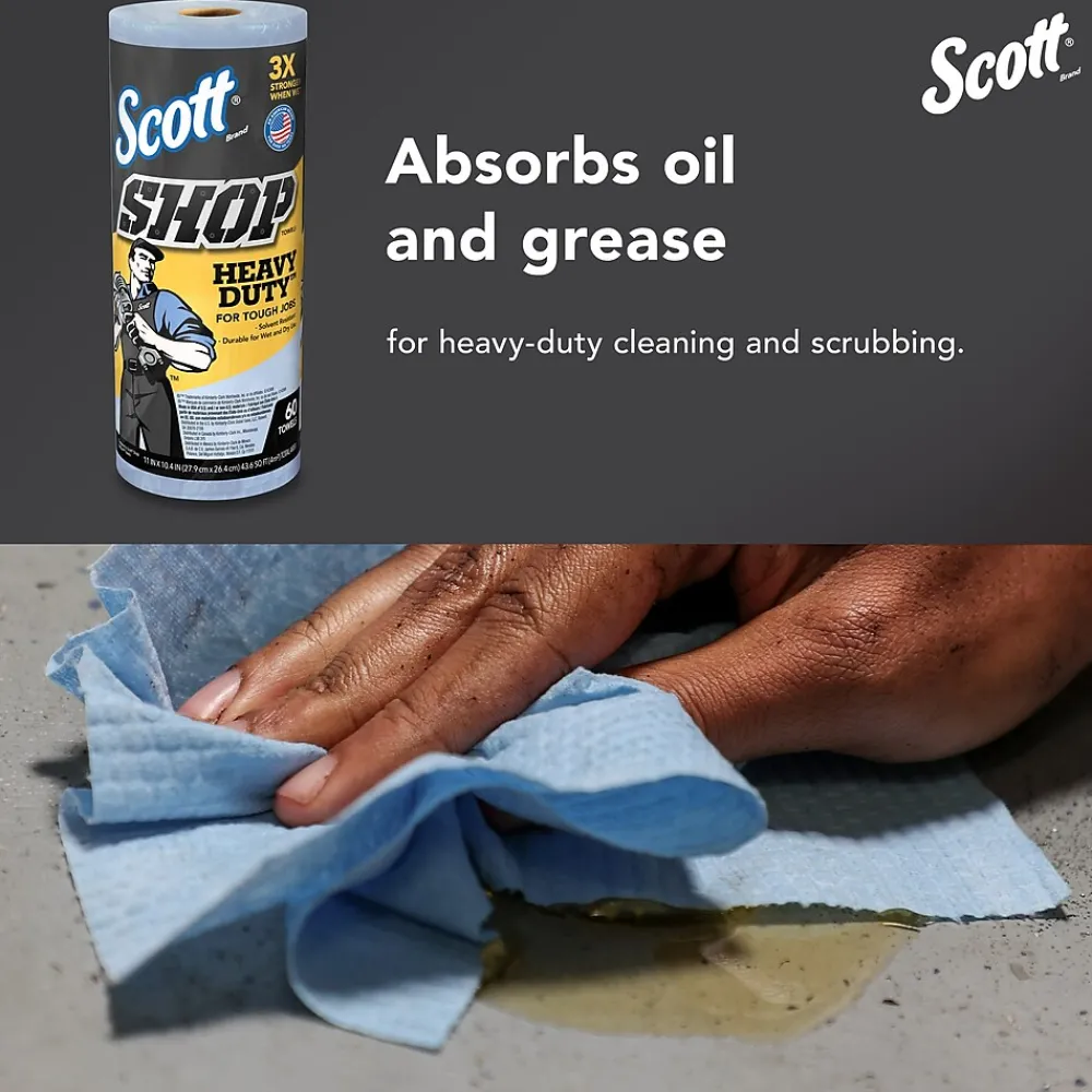 Shop Towels Heavy Duty, 10.4" x 11", Blue, 60 Sheets/Roll, 12 Rolls/Carton (32992)<Scott Discount