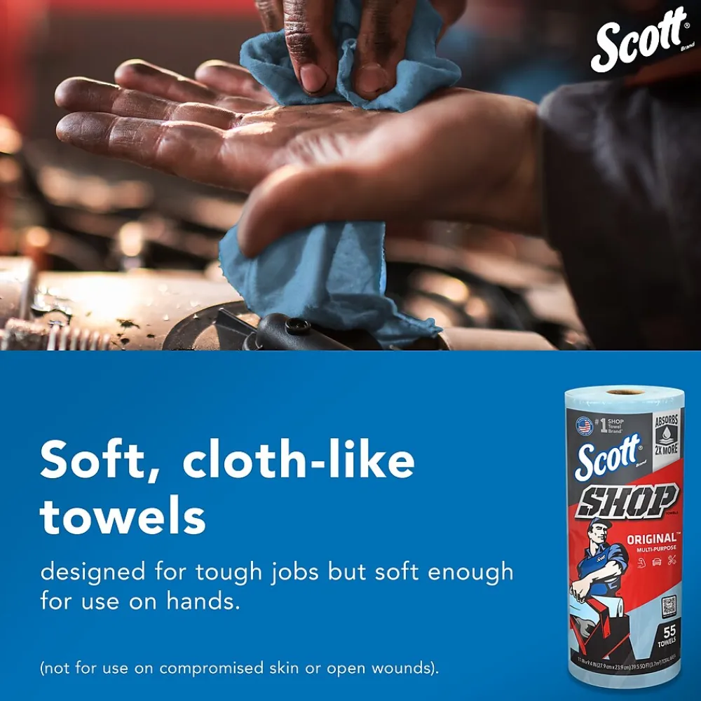 Shop Towels Original, 9.4" x 11", Blue, 55 Sheets/Roll, 12 Rolls/Carton (75147)<Scott Discount