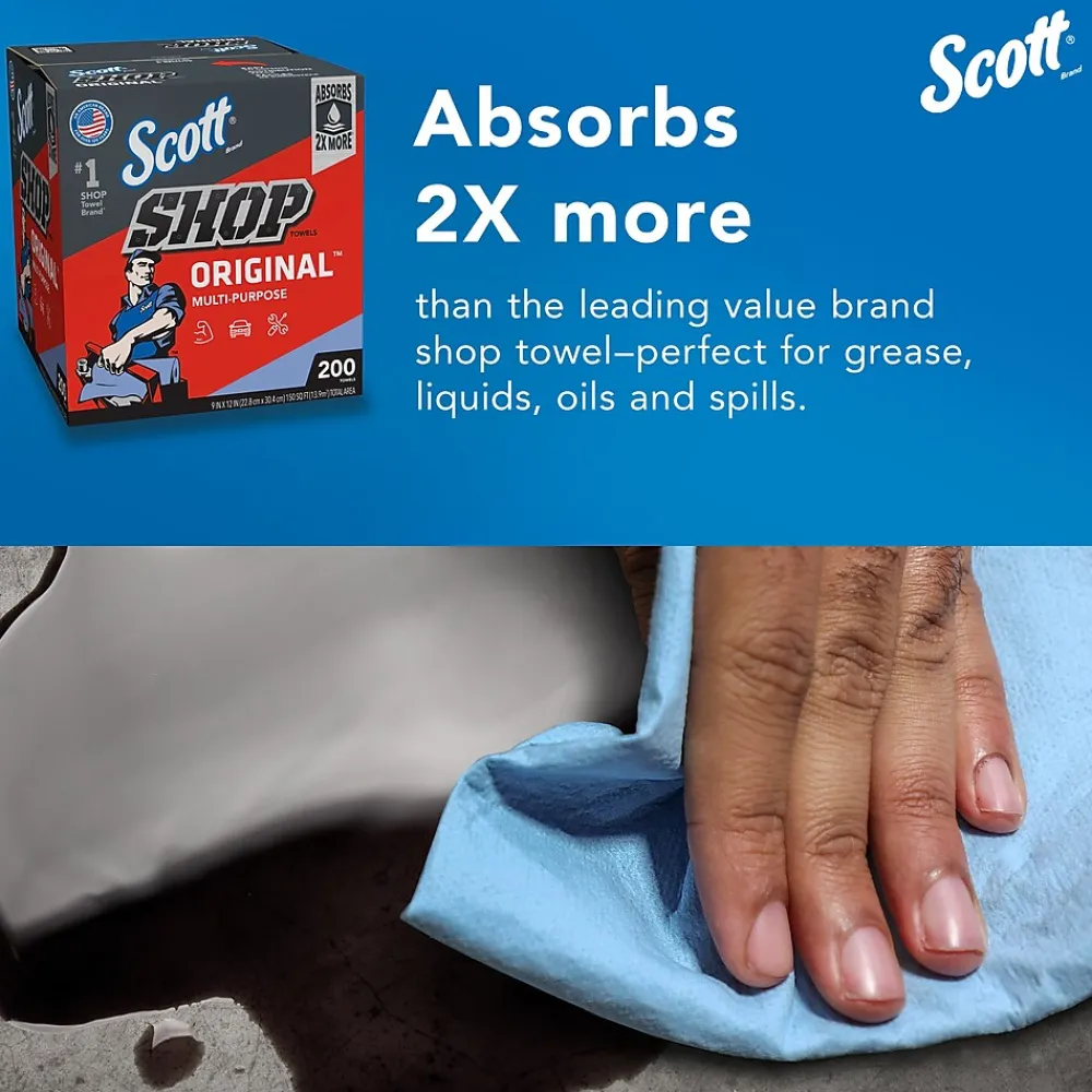Shop Towels Original, 9" x 12", Blue 200 Sheets/Box, 8 Boxes/Carton (75190)<Scott Discount