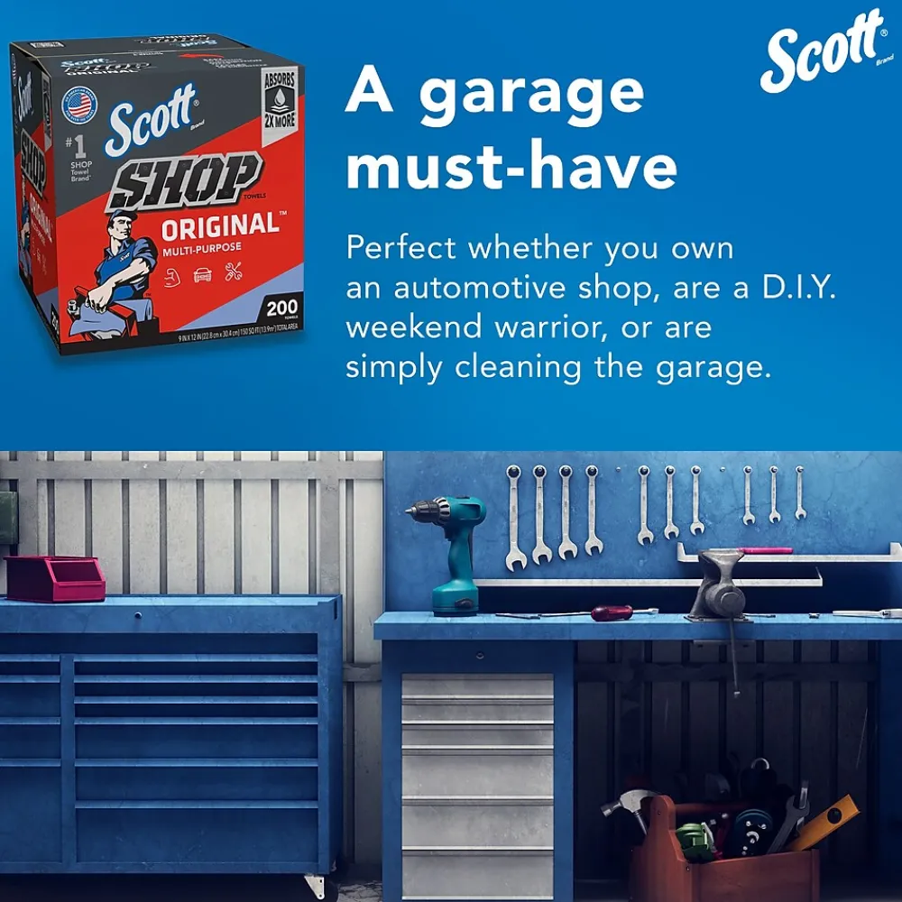 Shop Towels Original, 9" x 12", Blue 200 Sheets/Box, 8 Boxes/Carton (75190)<Scott Discount