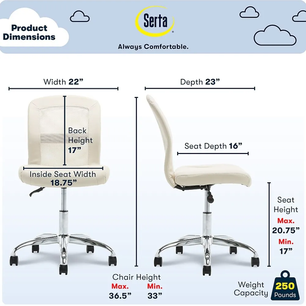 Ergonomic Chairs*Serta Essentials Armless Ergonomic Bonded Leather/Mesh Swivel Task Chair, (48740B) Cream
