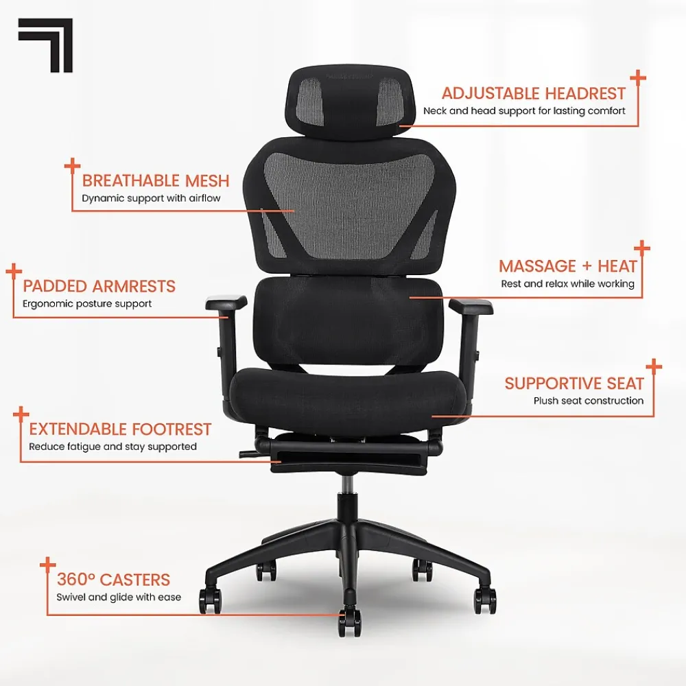 Office Chairs*Sharper Image S850 Ergonomic Mesh Swivel Massage with Heat Executive Task Chair with Footrest, Black (60106-BLK)