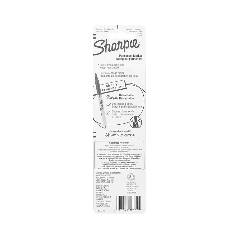 Markers|Sharpie Permanent Marker, Twin Tip, Black Ink, 2/Pack (32162)