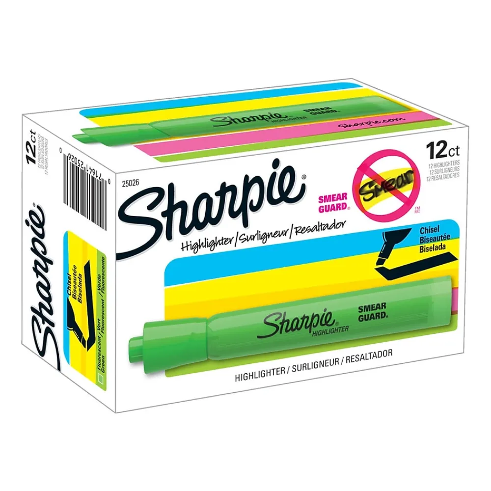 Highlighters|Sharpie Tank Highlighter, Chisel Tip, Fluorescent Green, Dozen (25026)
