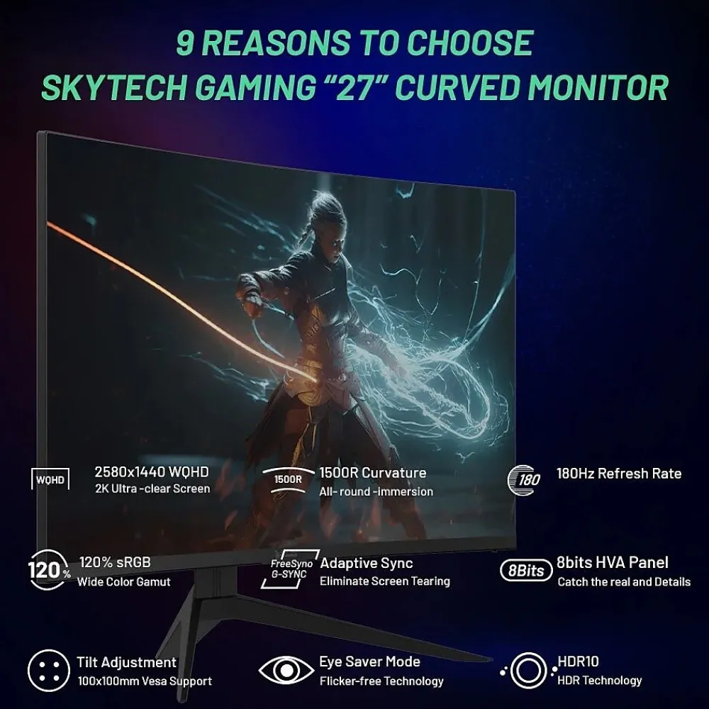 Outlet Skytech Gaming Skytech Moon Shadow 27" Curved 2K 180 Hz Gaming Monitor, Black (MT-MOONSHADOW-0001-B-SK)