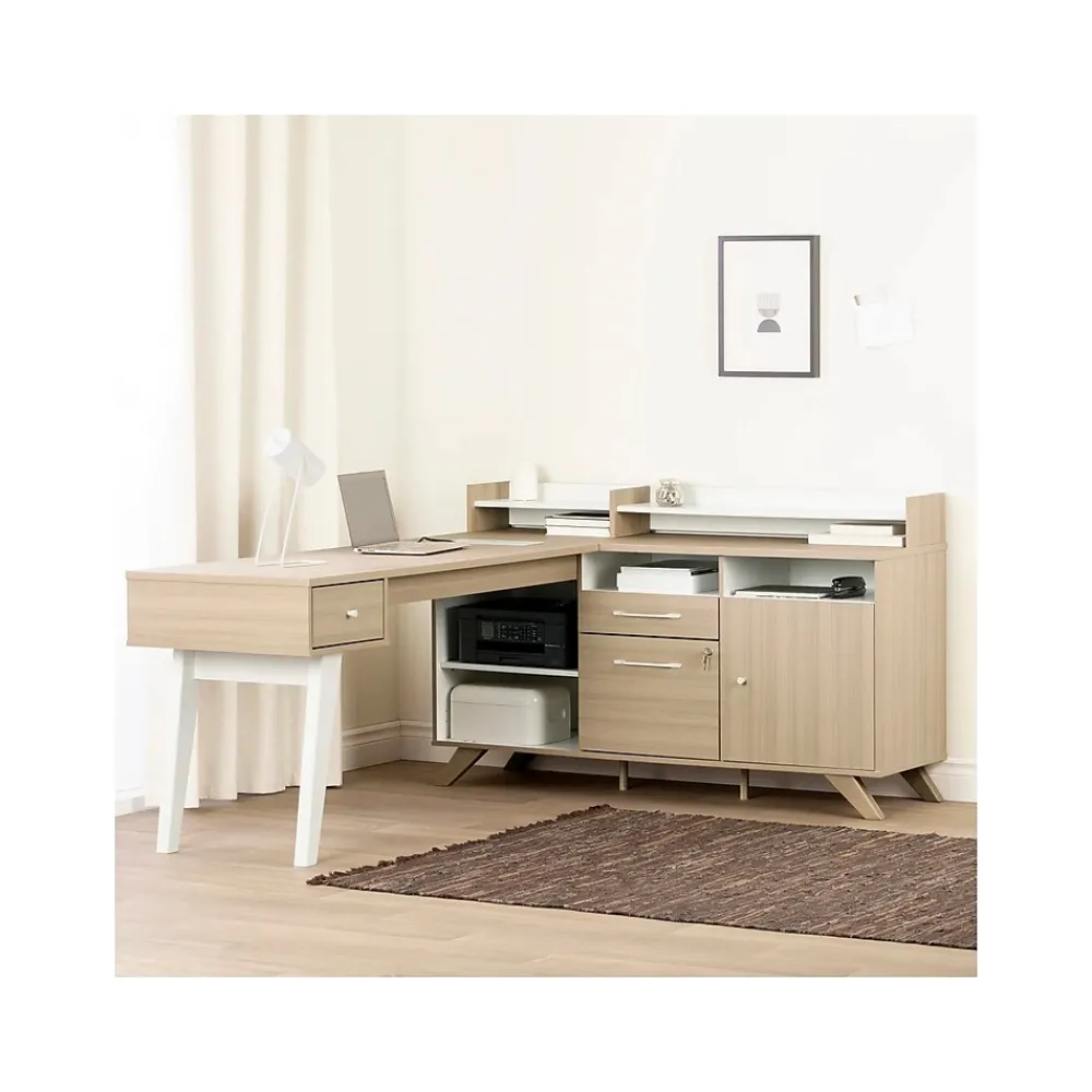 L-Desks*South Shore Helsy 78"W L-Shaped Computer Desk with Removable Hutch, Soft Elm/White (13298)