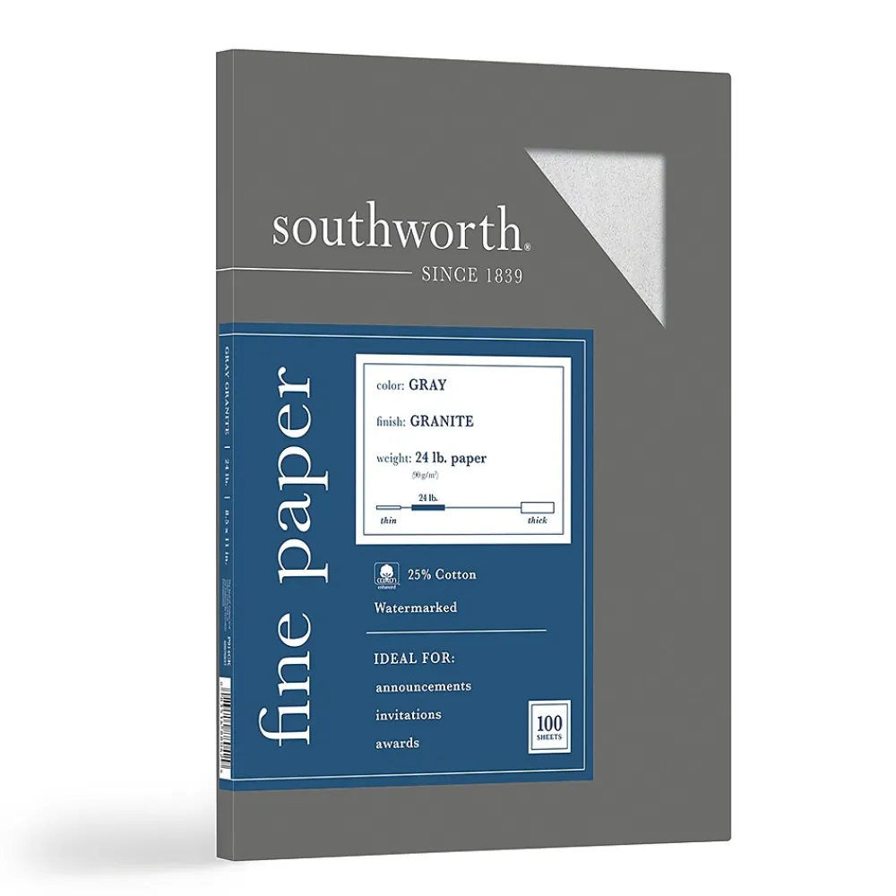 Resume Paper*Southworth Granite Specialty Paper, 8.5" x 11", 24 lb., Smooth Finish, Gray, 100 Sheets/Box (P914CK)