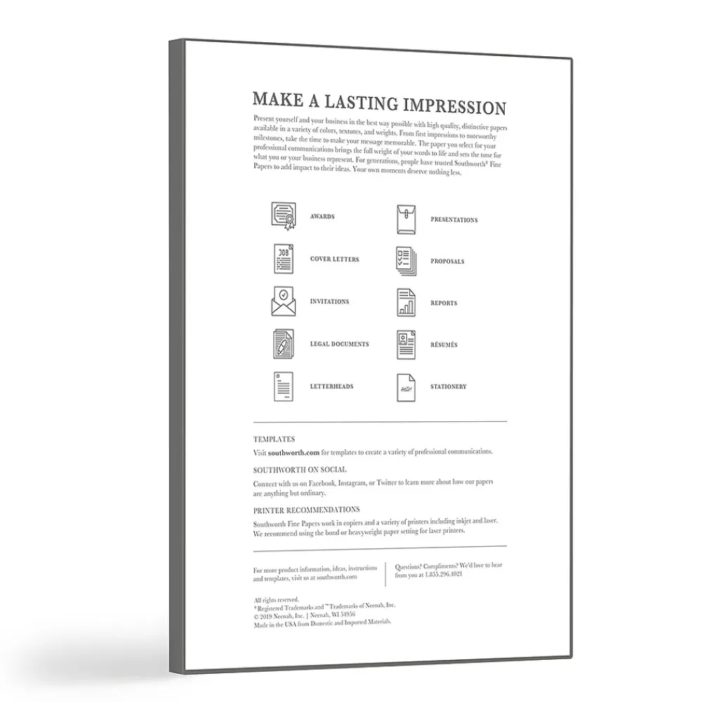 Resume Paper*Southworth Resume Paper, 8.5" x 11", 24 lb., Wove-Finish, White, 100 Sheets/Box (R14CF)