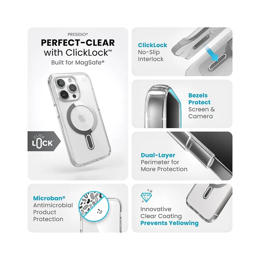 Speck Presidio Perfect-Clear MagSafe Case for iPhone 15 Pro, Clear/Chrome (150449-3199)