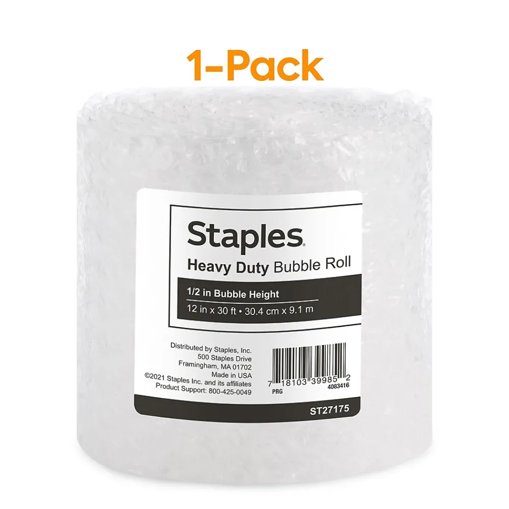Clearance Staples 1/2" Bubble Roll, 12" x 30', Clear (4069423)