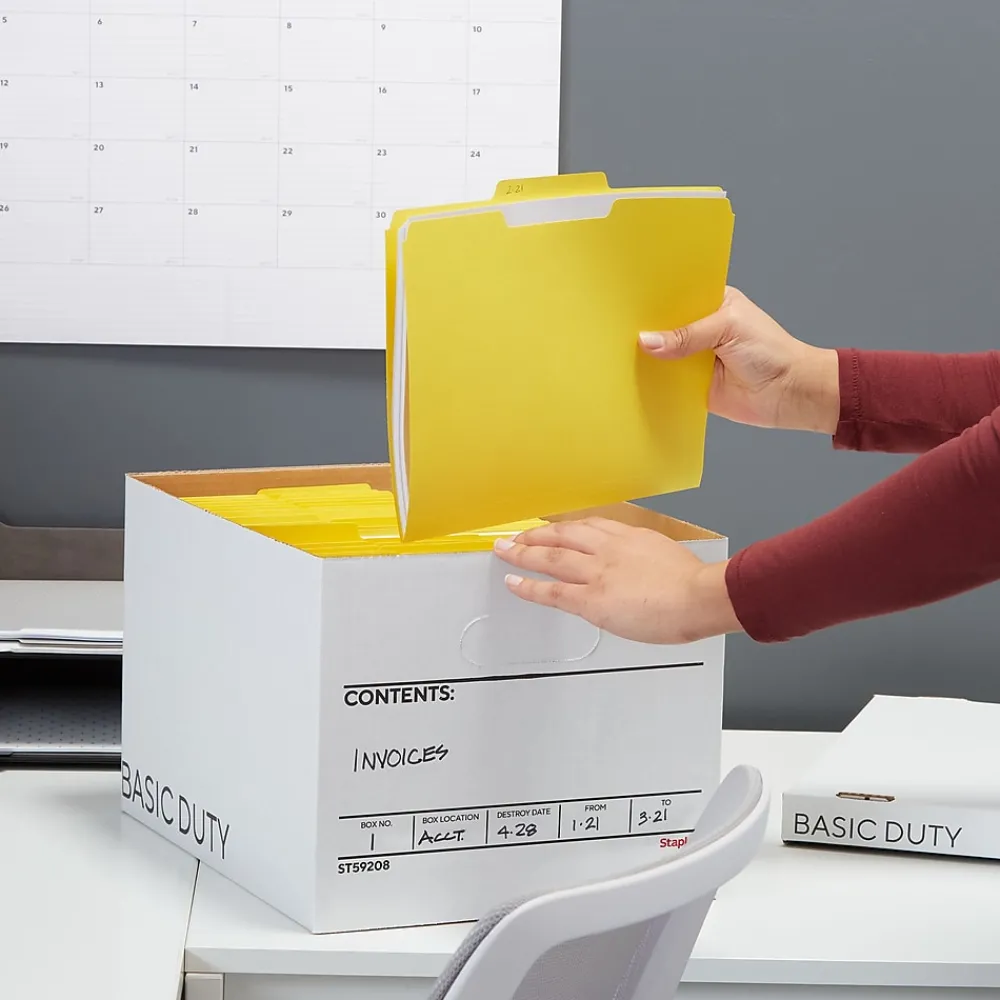 File Storage|Staples 65% Recycled Corrugated File Box Lift Off Lid, Letter/Legal Size, White/Black, 10/Pack (23325011)