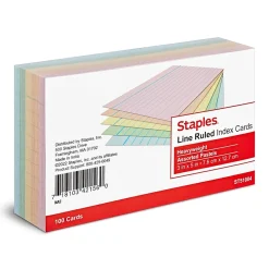 Index Cards*Staples 3" x 5" Index Cards, Lined, Assorted Colors, 100/Pack (TR51004)