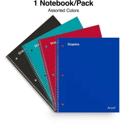 Subject Notebooks|Staples Accel 3-Subject Notebook, 8.5" x 11", College Ruled, 150 Sheets, Colors (ST15758D) Assorted