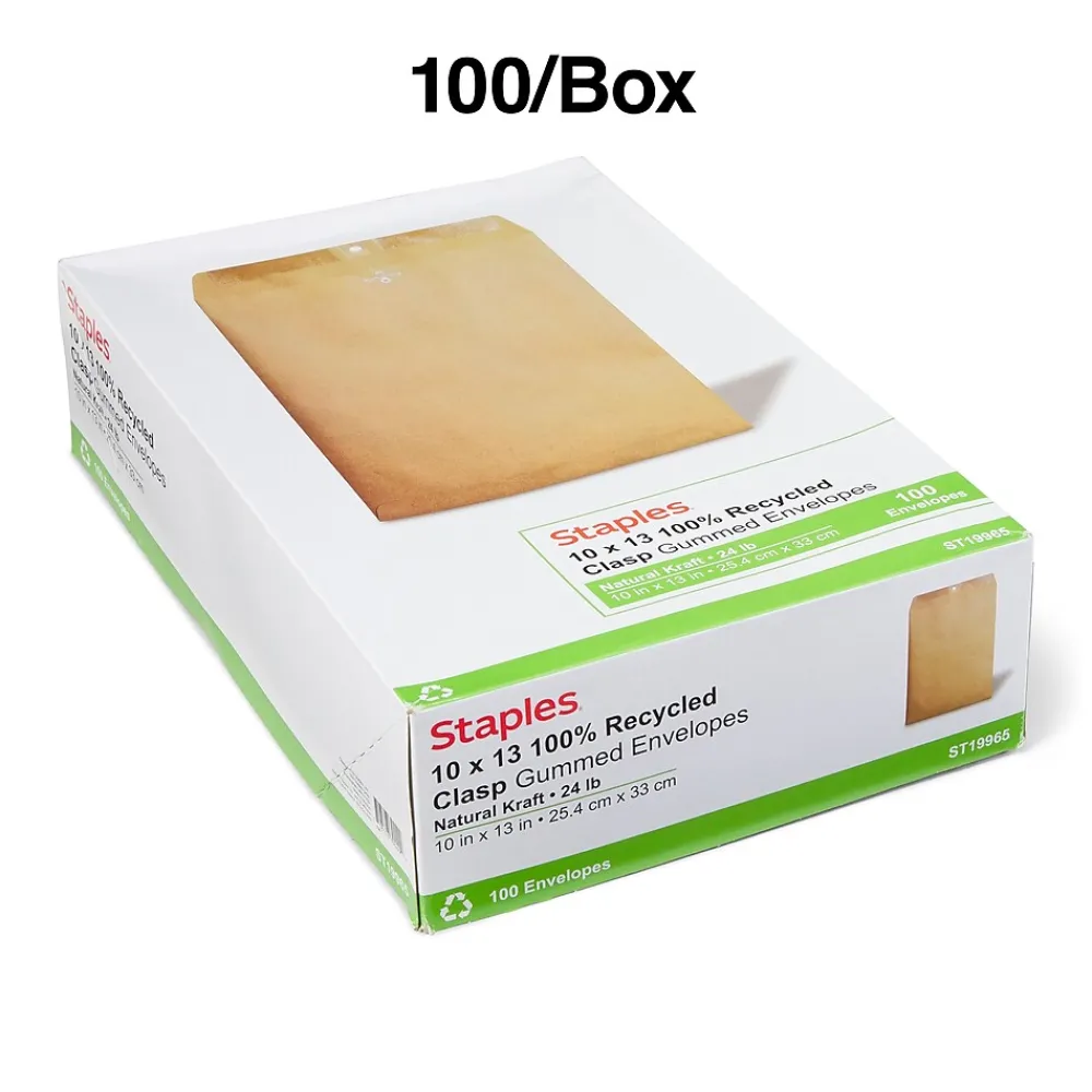 Staples Clasp & Moistenable Glue Catalog Envelopes, 10" x 13", Natural Brown, 100/Box (19965)