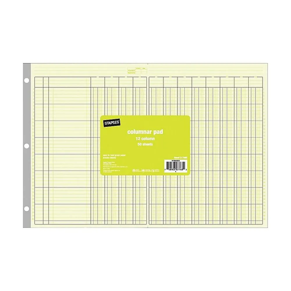 Accounting & Record Journals*Staples ® Columnar Book, 12 Columns, 16.31" x 11", Green, 50 Sheets/Book (217885)