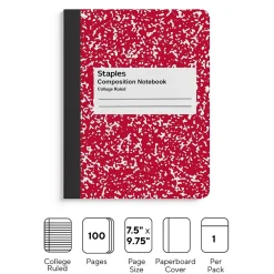 Notebooks|Staples ® Composition Notebook, 7.5" x 9.75", College Ruled, 100 Sheets, (ST55065) Red