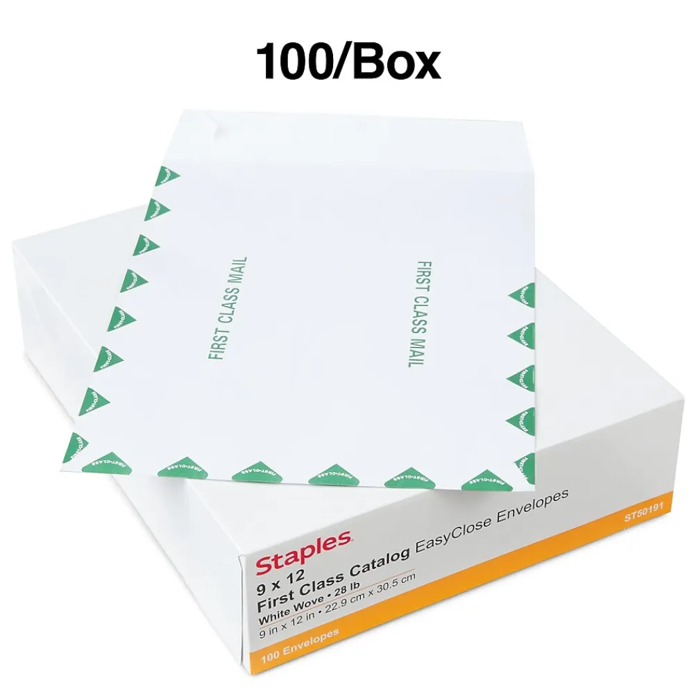 Online Staples First Class EasyClose Catalog Envelopes, 9"L x 12"H, White and Green, 100/Box (SPL486929)