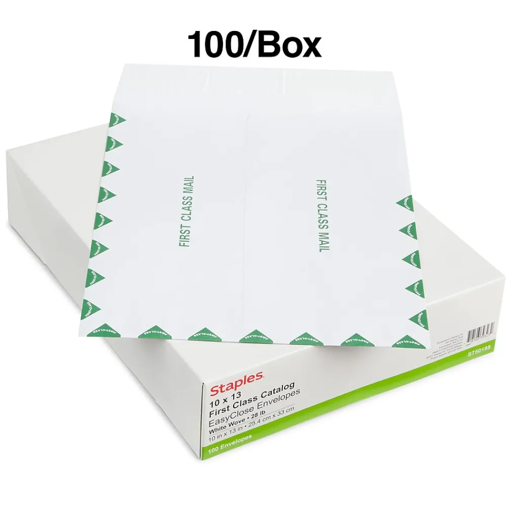 New Staples First Class EasyClose Catalog Envelopes, 10" x 13", White with Green Diamond Border, 100/Box (SPL486930)
