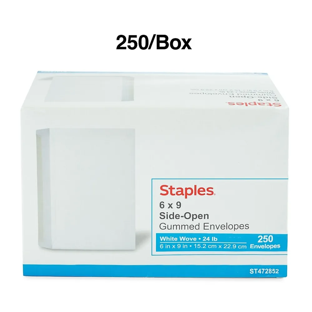 Staples Gummed Booklet Envelopes, 6" x 9", White, 250/Box (472852/19306)