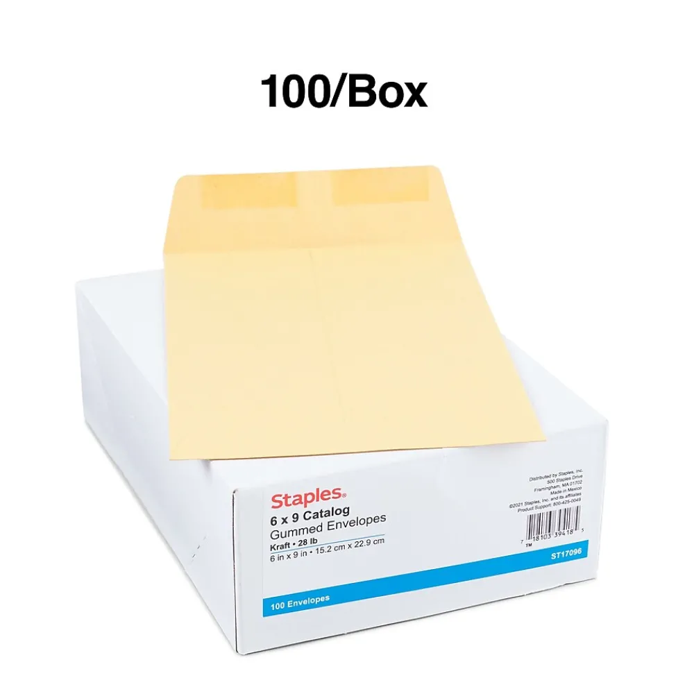 Staples Gummed Kraft Catalog Envelopes, 6" x 9", Brown, 100/Box (17097)