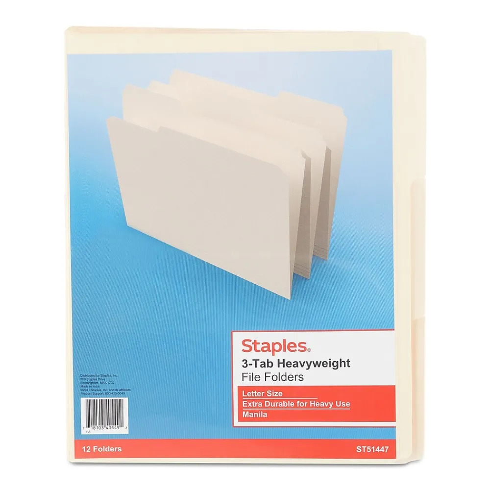 File Folders|Staples Heavyweight File Foldes, 1/3-Cut Tab, Letter Size, Manila, 12/Pack (WPT20537)