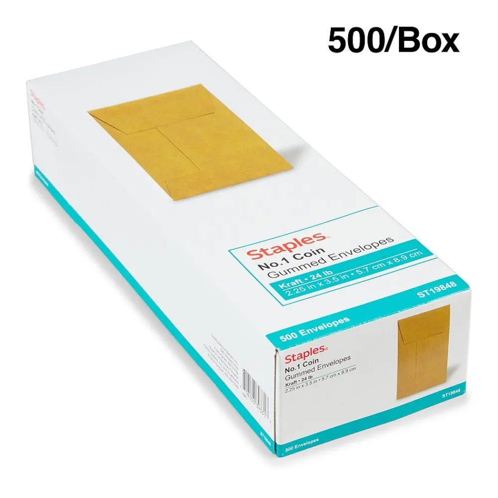 New Staples Kraft #1 Coin Envelopes, 2 1/4" x 3 1/2", Brown, 500/Box (ST19848-CC)